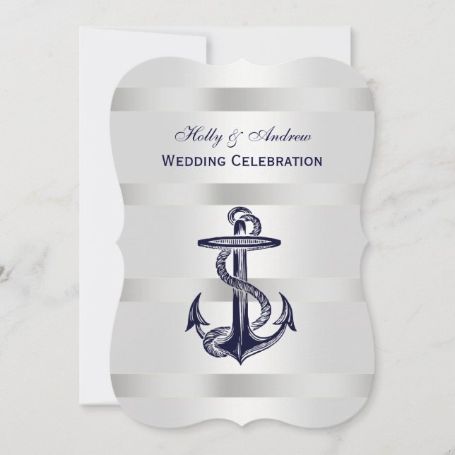 Invitation Ancre bleue marine Argent Wt BG V Mariage (Devant)