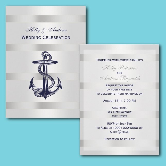 Invitation Ancre bleue marine Argent Wt BG V Mariage (Créateur téléchargé)
