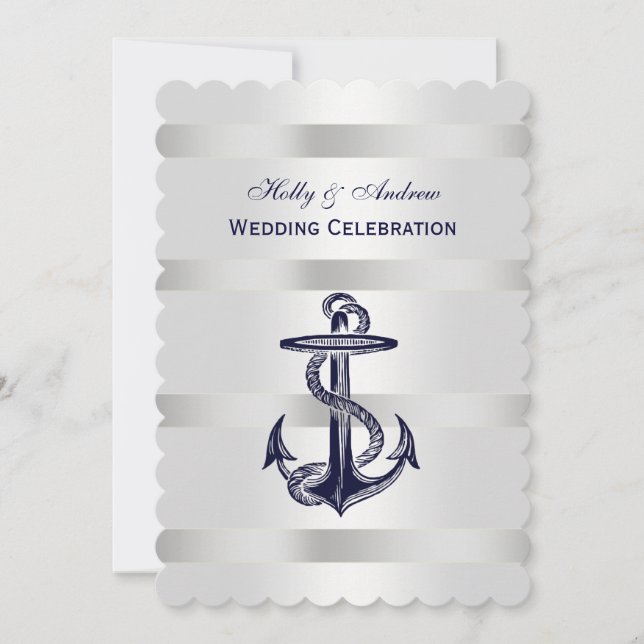 Invitation Ancre bleue marine Argent Wt BG V Mariage T (Devant)