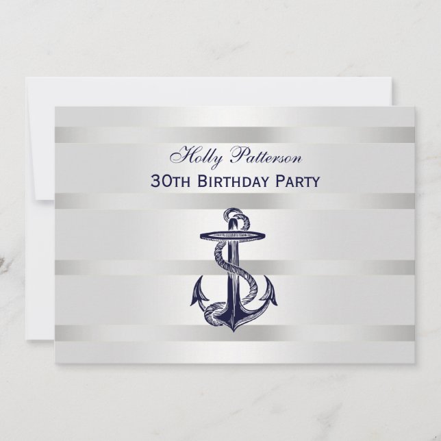 Invitation Ancre Bleue Marine Nautique Argent Wt BG H Anniver (Devant)