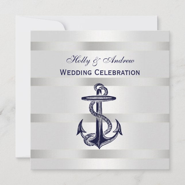 Invitation Ancre Bleue Marine Nautique Argent Wt BG Mariage S (Devant)