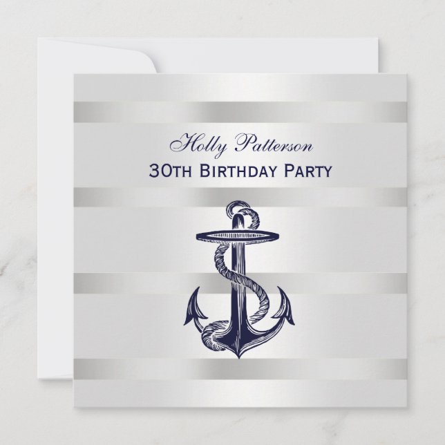 Invitation Ancre Bleue Marine Nautique Argent Wt BG SQ Annive (Devant)
