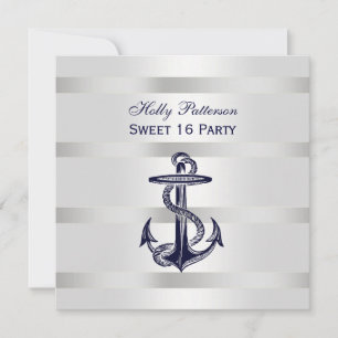 Invitation Ancre Bleue Marine Nautique Argent Wt BG SQ Sweet
