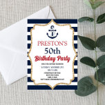 Invitation Ancre Bleue Marine Nautique Fête d'anniversaire pe<br><div class="desc">C'est une invitation de fête d'anniversaire sur le thème nautique. garçon anniversaire Marine bleu rouge ancre parties scintillant or bateau roue océan mer</div>