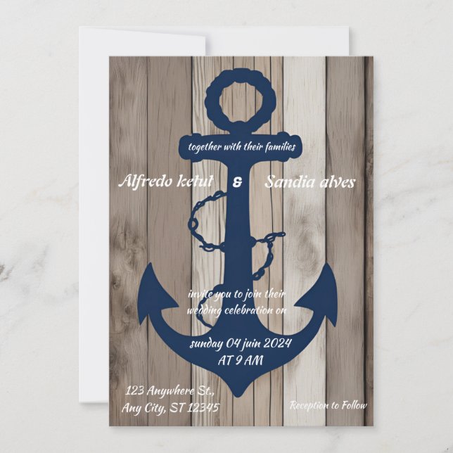 Invitation Ancre bleue Rustic Wood Marine Mariage nautique (Devant)