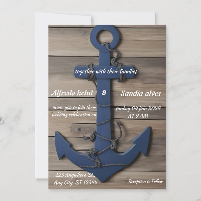 Invitation Ancre bleue Rustic Wood Marine Mariage nautique (Devant)