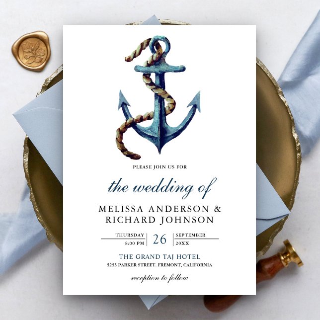 Invitation Ancre bleue Rustique  marine Mariage nautique (Créateur téléchargé)