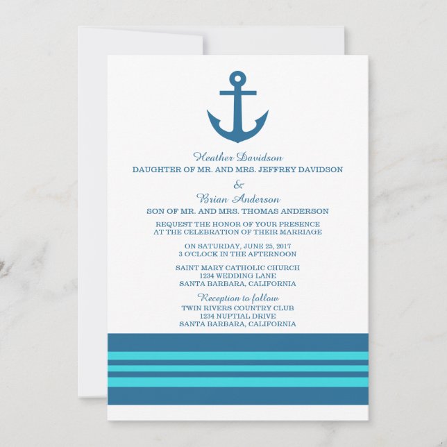 Invitation Ancre bleue Turquoise Nautique Mariage (Devant)