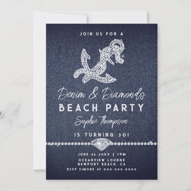 Invitation Ancre côtière de Denim Diamonds Plage fête d'anniv (Devant)