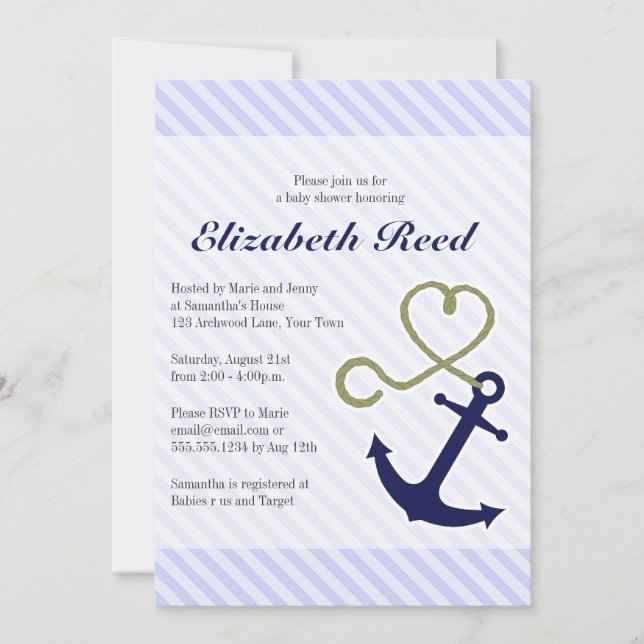 Invitation Ancre d'Baby shower marine mignonne avec corde de  (Devant)