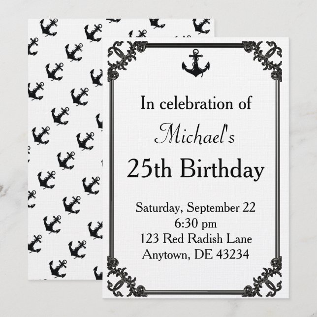 Invitation Ancre de bateau noir Anniversaire (Devant / Derrière)