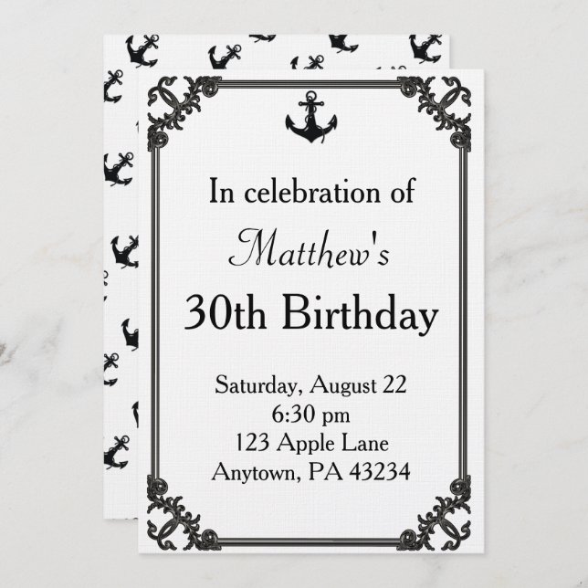 Invitation Ancre de bateau noir Anniversaire Personnalisé (Devant / Derrière)