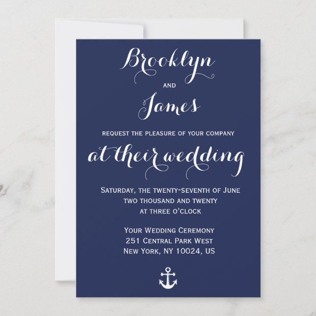 Invitation Ancre de mariage nautique bleu marine (Devant)