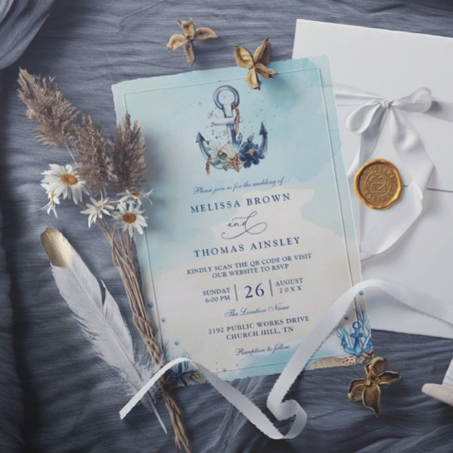 Invitation Ancre de marine chic plage moderne code QR mariage (Créateur téléchargé)