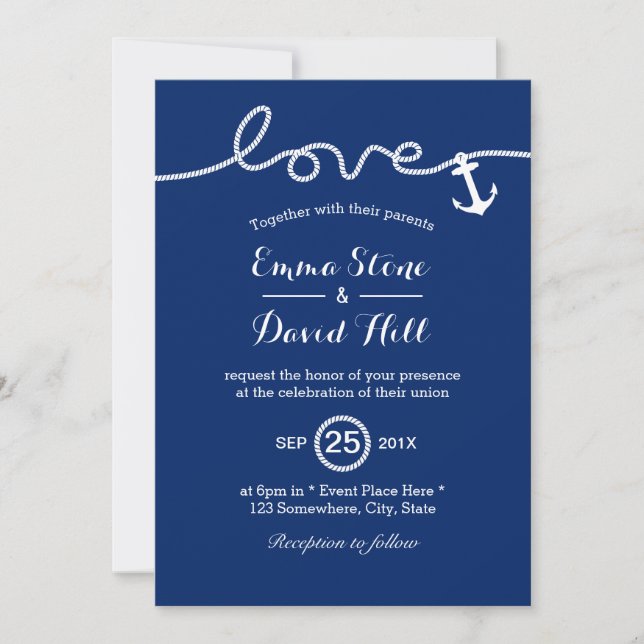 Invitation Ancre de noeud Nautique Mariage bleu marine (Devant)