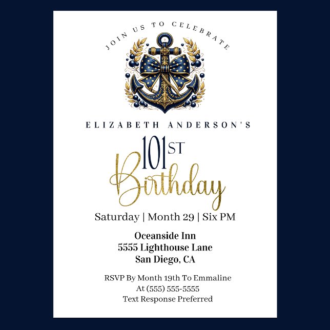 Invitation Ancre de proue nautique bleue et or 101e anniversa (Blue and gold nautical 101st birthday invitation)