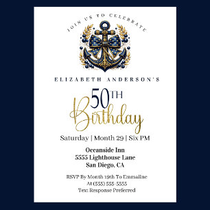 Invitation Ancre de proue nautique bleue et or 50e anniversai