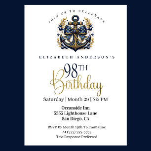 Invitation Ancre de proue nautique bleue et or 98e anniversai