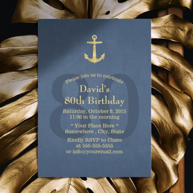 Invitation Ancre d'or bleu marine 80e anniversaire (Créateur téléchargé)