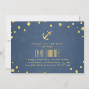 Invitation Ancre d'or bleu marine Baby shower nautique