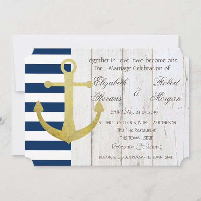Invitation Ancre d'or de mariage de plage, Stripes, Invitatio (Devant)