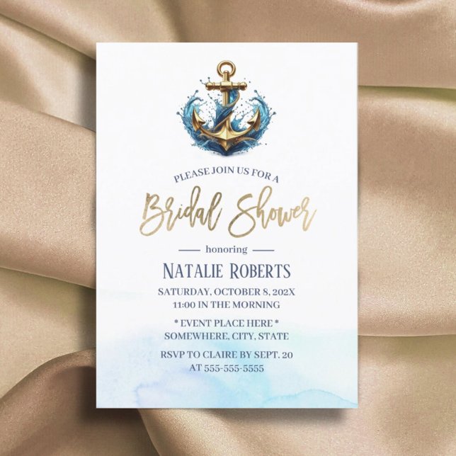 Invitation Ancre d'or nautique Fête des mariées Mariage d'été (Créateur téléchargé)