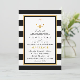 Invitation Ancre d'or nautique vintage, Mariage noir et or