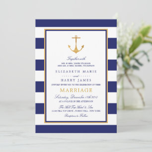 Invitation Ancre d'or nautique vintage, marine et Mariage d'o