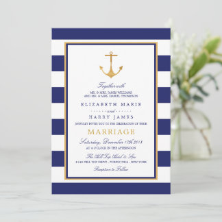 Invitation Ancre d'or nautique vintage, marine et Mariage d'o