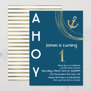 Invitation Ancre dorée fausse pour 1er anniversaire pirate Th