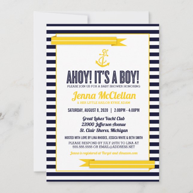 Invitation Ancre en bande marine Baby shower jaune et marine (Devant)
