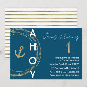 Invitation Ancre en faux or pour 1er anniversaire pirate naut