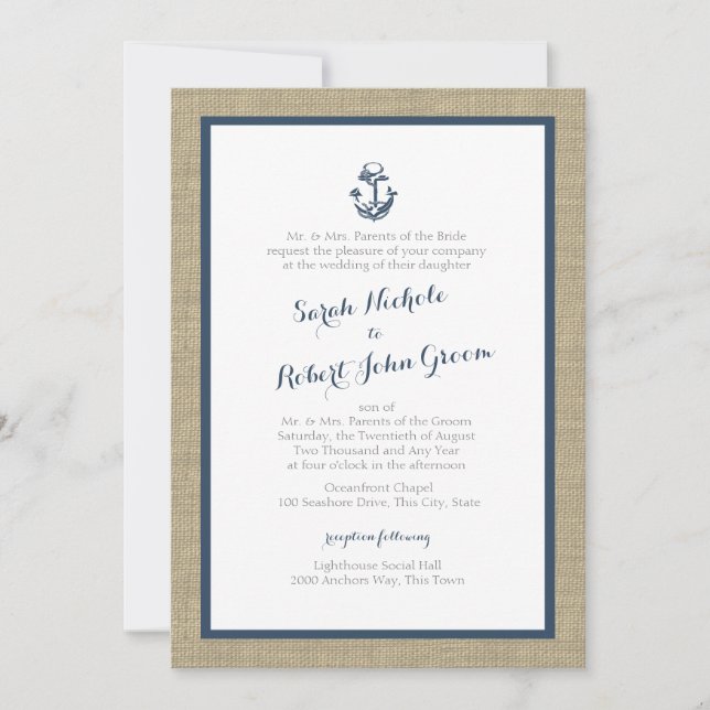 Invitation Ancre et Burlap Marine Blue Rustic Mariage (Devant)