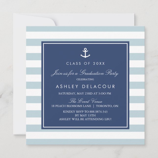 Invitation Ancre et rayures | Baby shower bleu clair (Devant)