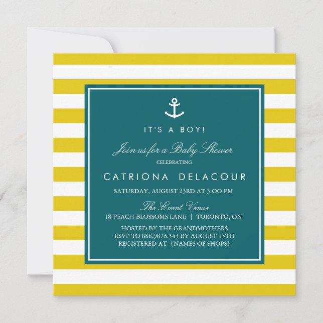 Invitation Ancre et rayures | Baby shower Turquoise et moutar (Devant)