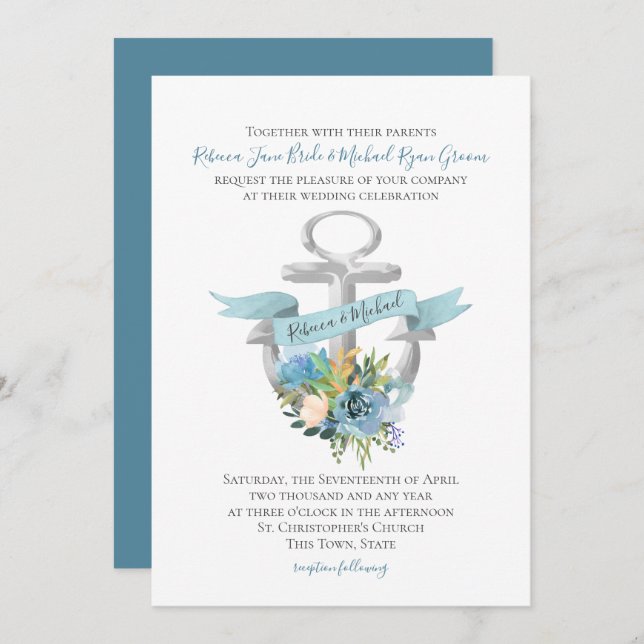 Invitation Ancre florale bleu Mariage d'aquarelle marine (Devant / Derrière)