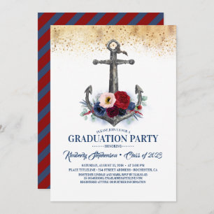 Invitation Ancre florale bleu marine Graduation nautique