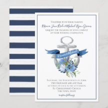 Ancre Florale Bleue Aquarelle Nautique Mariage Inv