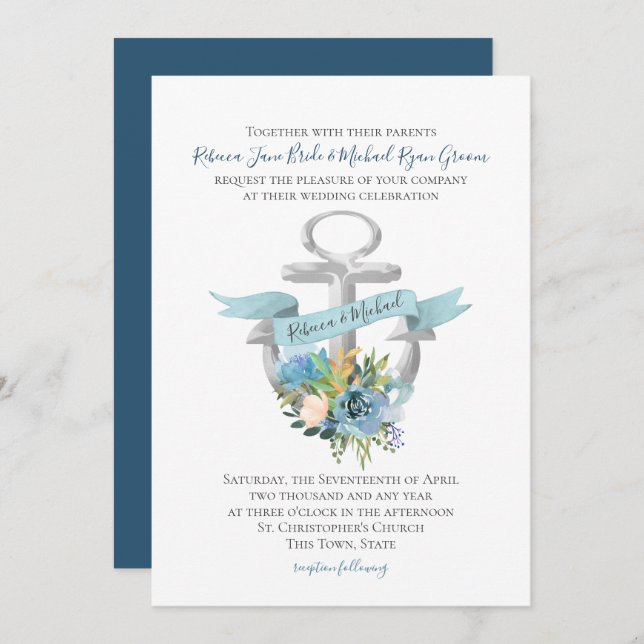 Invitation Ancre Florale Bleue Aquarelle Nautique Mariage Inv (Devant / Derrière)