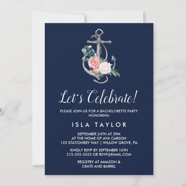 Invitation Ancre Florale | Été Bleu Marine Fêtons (Devant)