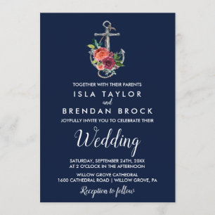 Invitation Ancre florale   Mariage d'automne de la Marine