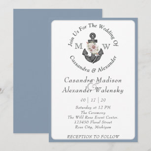 Invitation Ancre florale Mariage nautique Dusty Blue