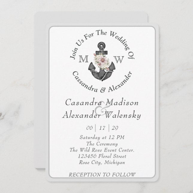 Invitation Ancre florale Mariage nautique Gris argenté (Devant / Derrière)