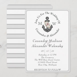 Invitation Ancre florale Mariage nautique Gris argenté