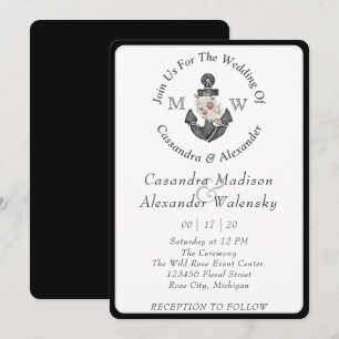 Invitation Ancre florale Mariage nautique noir blanc bande