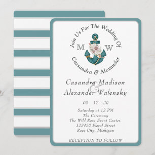 Invitation Ancre florale Mariage nautique Turquoise Aqua Blue
