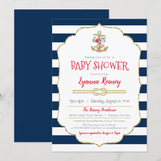 Invitation Ancre florale marine Baby shower bleu rouge