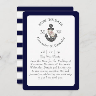 Invitation Ancre florale Marine Bleu Blanc Mariage nautique