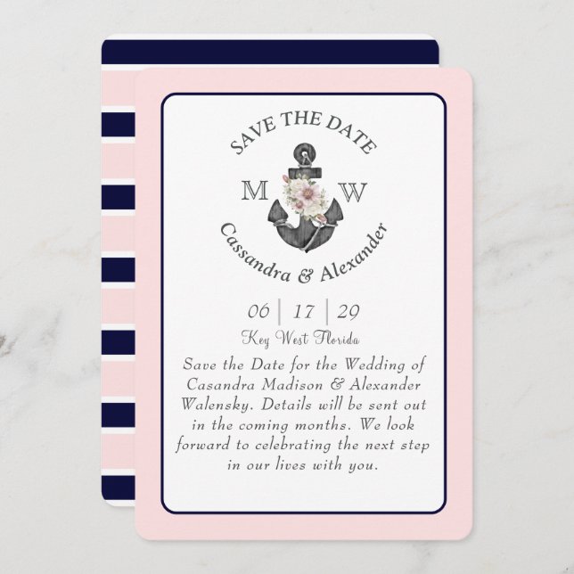 Invitation Ancre florale Marine bleu rose Mariage nautique (Devant / Derrière)