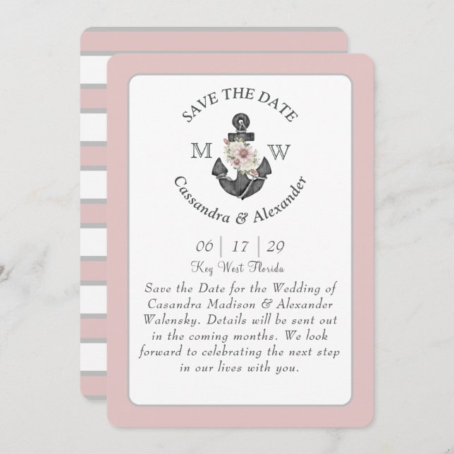 Invitation Ancre florale Marine bleu rose Mariage nautique In (Devant / Derrière)